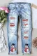Sky Blue  Christmas Snowman Graphic Mid Waist Ripped Jeans