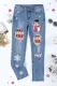 Christmas Snowman Graphic Ripped Raw Hem Shift Casual Jeans