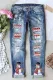 Sky Blue Christmas Snowman Graphic Mid Waist Ripped Jeans