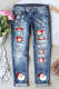 Sky Blue Santa Claus Graphic Mid Waist Ripped Jeans
