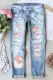 Sky Blue Christmas Santa Claus Abstract Casual Ripped Jeans