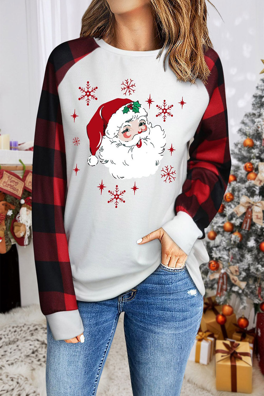 Santa Claus Graphic Buffalo Plaid Long Sleeve Sweatshirt $ 23.99 - Evaless