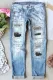 Sky Blue-1 Gradient Polka Dots Distressed Mid Waist Ripped Jeans