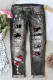 Gray Christmas Red Wine Glass Shift Casual Ripped Jeans