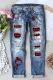 Sky Blue Christmas Snowman Plaid Shift Casual Ripped Jeans
