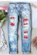 Sky Blue  Snowflake Graphic Mid Waist Ripped Jeans
