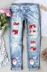 Sky Blue  Christmas Snowman Shift Casual Ripped Jeans