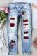 Sky Blue  Christmas Snowman Plaid Shift Casual Ripped Jeans