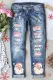 Sky Blue Pink Santa Claus Graphic Mid Waist Ripped Jeans
