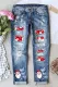 Sky Blue Christmas Snowman Shift Casual Ripped Jeans