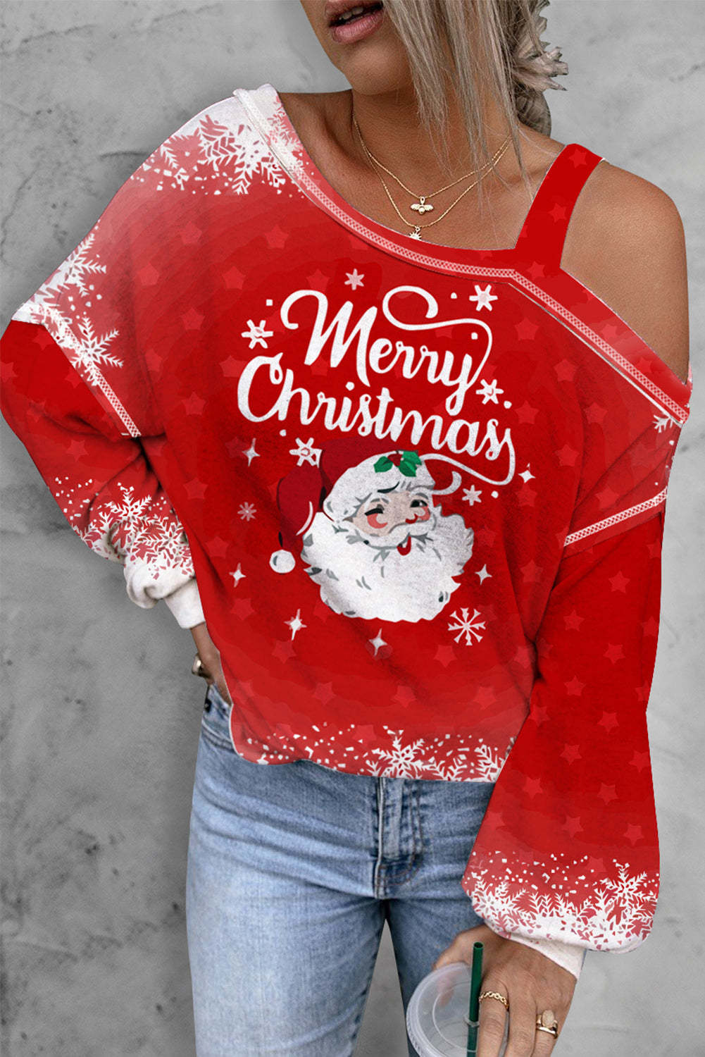 Red Santa Claus Letter Cut-out Off the Shoulder Shift Casual Blouse ...