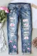 Floral Print Button Pockets Ripped Jeans