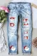 Sky Blue  Santa Claus Graphic Mid Waist Ripped Jeans