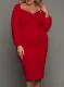 Red/Navy Long Sleeve Front Knot Plus Size Midi Dress