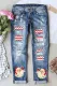 Sky Blue Christmas Tree Graphic Light Casual Mid Waist Ripped Jeans