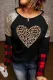 Leopard Plaid Heart-Shaped Round Neck Shift Casual Blouse