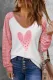Pink Heart-shape Graphic Striped V Neck Casual Tops