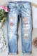 Sky Blue  Pink Leopard Ombre Shift Casual Ripped Jeans
