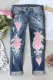 Pink Heart-shape Graphic Ripped Raw Hem Sheath Casual Jeans
