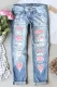 Sky Blue  Pink Heart-Shaped Ombre Shift Casual Ripped Jeans