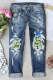 Oil Painting Floral Casual Denim Jeans