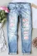 Sky Blue  Pink Floral Graphic Mid Waist Ripped Jeans
