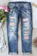 Sky Blue Pink Heart Shift Casual Ripped Jeans