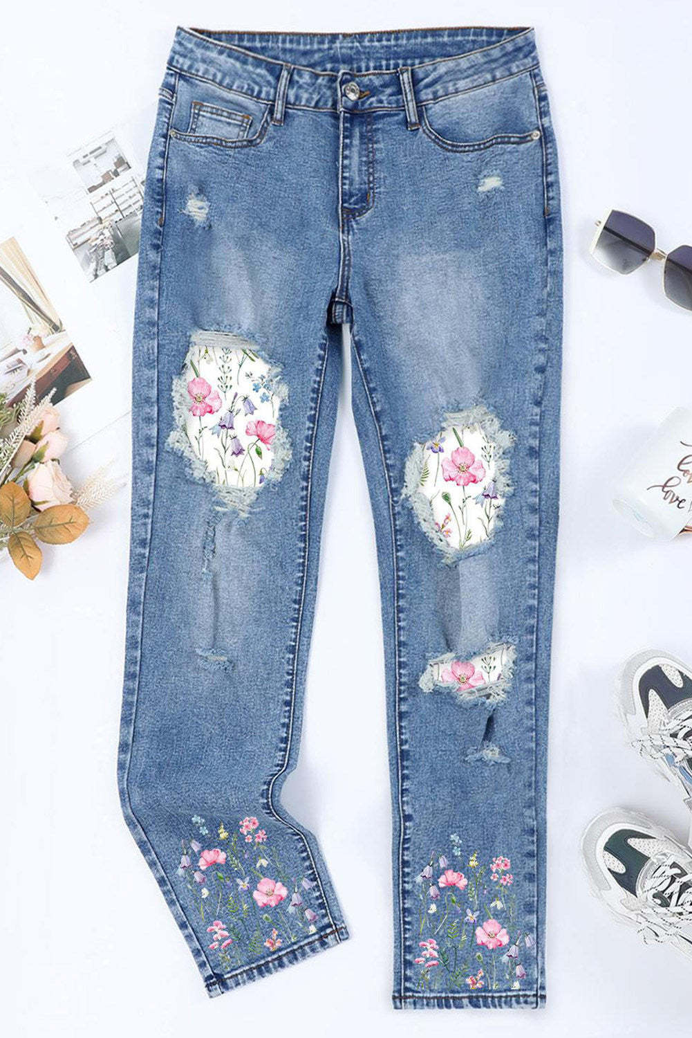 Spring Floral Graphic Shift Ripped Casual Jeans $ 46.99 - Evaless