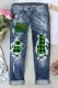 Green Plaid Heart-shaped Shift Casual Ripped Jeans