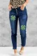 Leopard Shamrock Print Button-fly High Waist Jeans