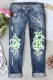 St. Patrick's Day Clover Graphic Ripped Raw Hem Sheath Casual Jeans