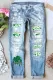 Sky Blue  Green Clover Floral Shift Casual Ripped Jeans