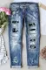 Sky Blue Watercolor Floral Graphic Casual Mid Waist Ripped Jeans