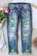 Blue Saint Patrick's Day Shamrock Ripped Casual Jeans