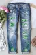 Sky Blue Saint Patrick's Day Shamrock Ripped Casual Jeans