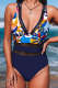 Blue Floral Splicing Leopard Print Color Block Mesh One Piece Swimsuit