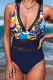 Blue Floral Splicing Leopard Print Color Block Mesh One Piece Swimsuit