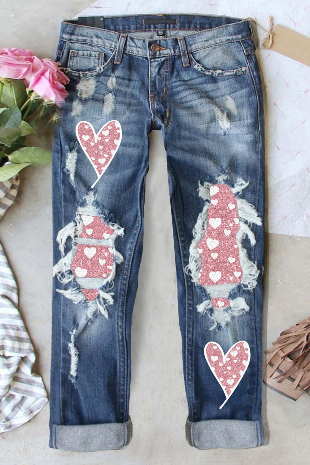 Love Heart Solid Heart-shaped Shift Casual Jeans $ 41.99 - Evaless