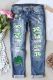 Sky Blue Green Clover Floral Shift Casual Ripped Jeans
