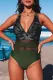 Green Floral Splicing Leopard Print Color Block Mesh One Piece Swimsuit