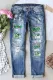 Sky Blue St. Patrick's Day Clover Graphic Casual Mid Waist Ripped Jeans