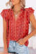 Red Floral Graphic Tiered Ruffled Drawstring V Neck Top