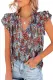 Blue Floral Graphic Tiered Ruffled Drawstring V Neck Top