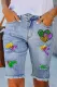 Mardi Gras Heart-shape Graphic Cut-out Raw Hem Sheath Casual Denim shorts