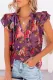 Purple Floral Graphic Tiered Ruffled Drawstring V Neck Top