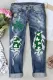 St. Patrick's Day Green Clover Ripped Raw Hem Jeans