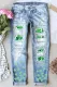 Sky Blue  St. Patrick's Day Clover Casual Denim Ripped Jeans