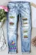 Mardi Gras Shiny Portrait Graphic Shift Casual Ripped Jeans