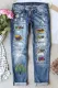 Sky Blue Mardi Gras Graphic Shift Casual Ripped Jeans