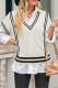 Beige Black/Gray/Brown V Neck Contrast Stripes Trims Short Sleeve Sweater